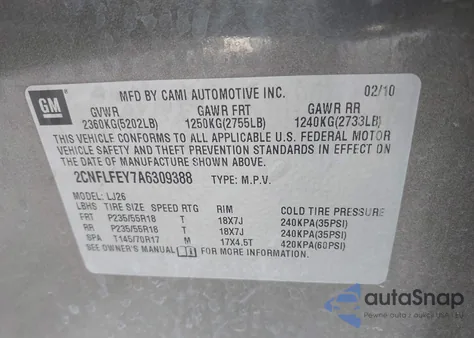 2010 Chevrolet Equinox Ltz из США, поврежденный, VIN 2CNFLFEY7A6309388